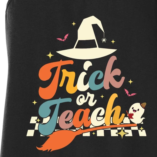 Retro Groovy Trick Or Teach Halloween Ghost Spooky Teacher Women's Racerback Tank