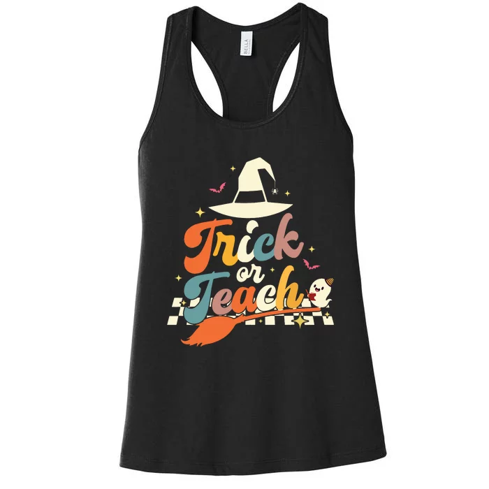 Retro Groovy Trick Or Teach Halloween Ghost Spooky Teacher Women's Racerback Tank