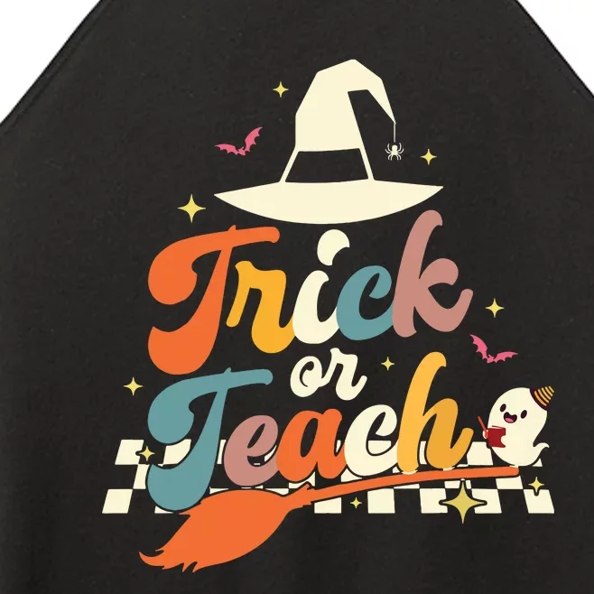 Retro Groovy Trick Or Teach Halloween Ghost Spooky Teacher Women’s Perfect Tri Rocker Tank