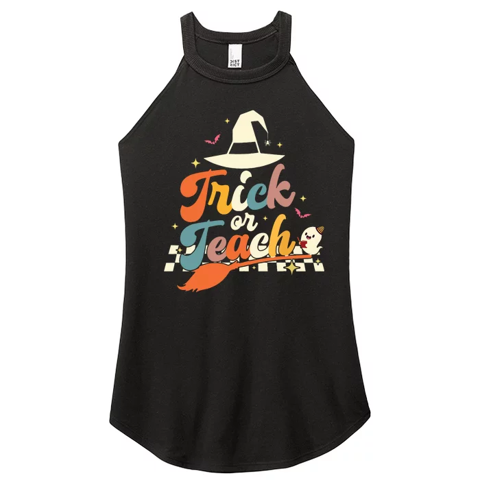 Retro Groovy Trick Or Teach Halloween Ghost Spooky Teacher Women’s Perfect Tri Rocker Tank