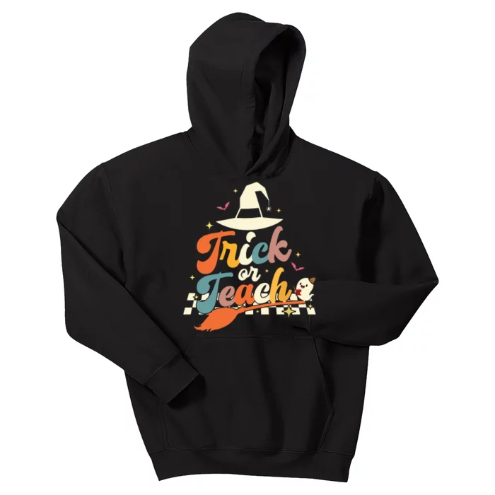 Retro Groovy Trick Or Teach Halloween Ghost Spooky Teacher Kids Hoodie