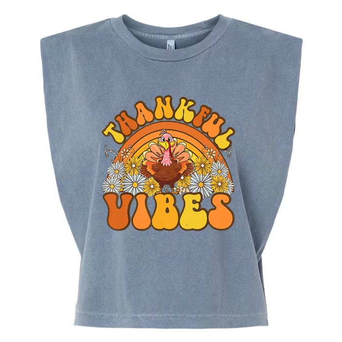 Retro Groovy Thankful Vibes Turkey Fall Thanksgiving Garment-Dyed Women's Muscle Tee