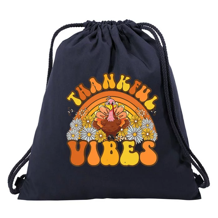 Retro Groovy Thankful Vibes Turkey Fall Thanksgiving Drawstring Bag