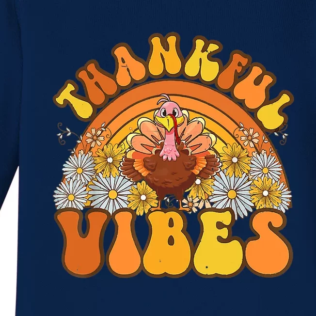 Retro Groovy Thankful Vibes Turkey Fall Thanksgiving Baby Long Sleeve Bodysuit