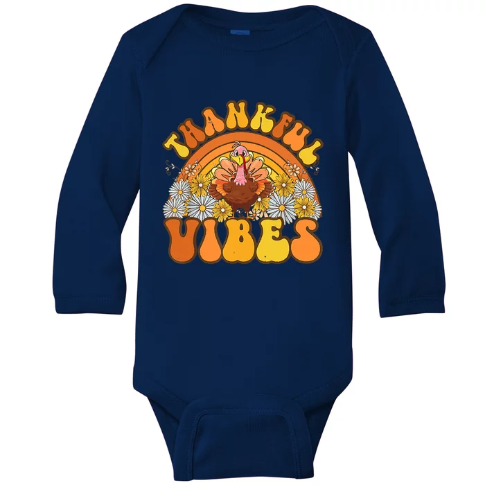 Retro Groovy Thankful Vibes Turkey Fall Thanksgiving Baby Long Sleeve Bodysuit