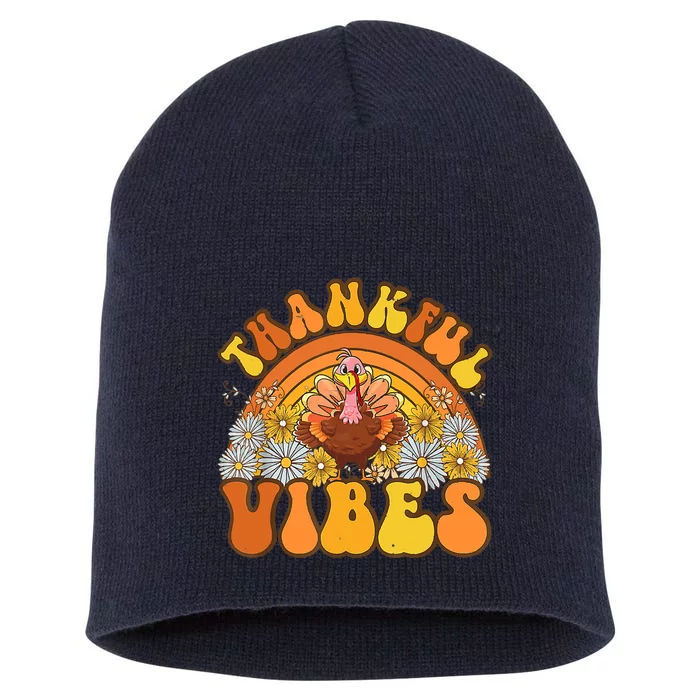 Retro Groovy Thankful Vibes Turkey Fall Thanksgiving Short Acrylic Beanie