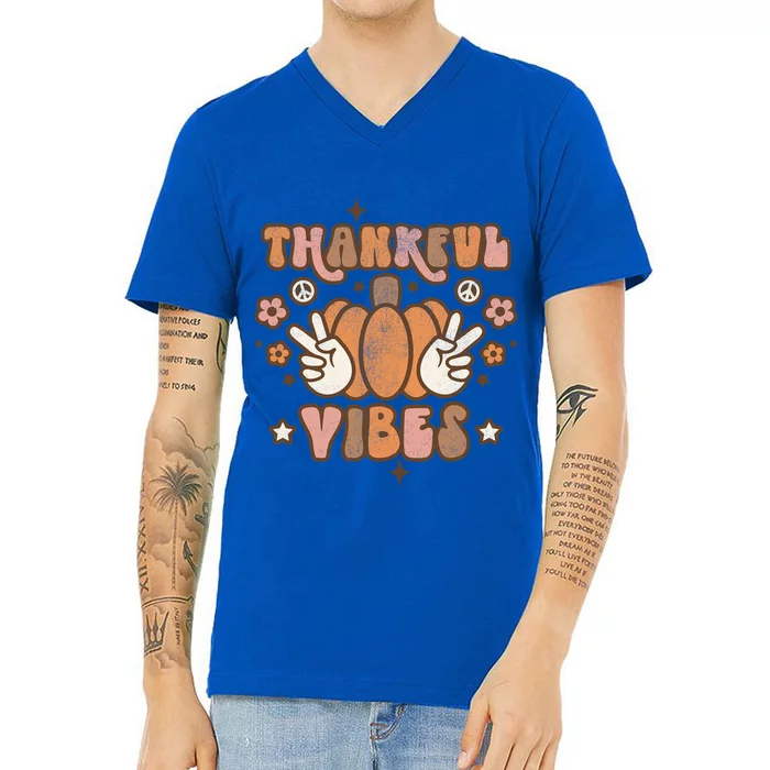 Retro Groovy Thankful Vibes Pumpkin Autumn Fall Thankful Gift V-Neck T-Shirt