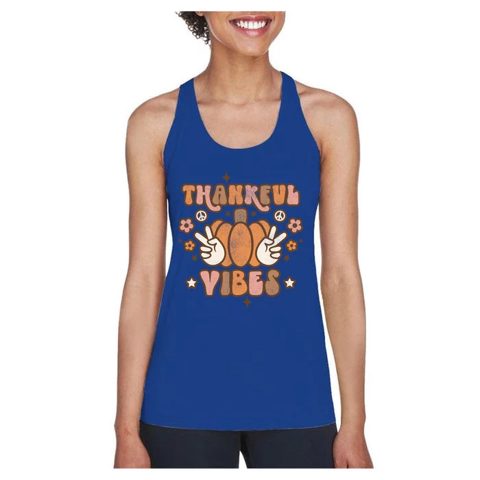 Retro Groovy Thankful Vibes Pumpkin Autumn Fall Thankful Gift Women's Racerback Tank