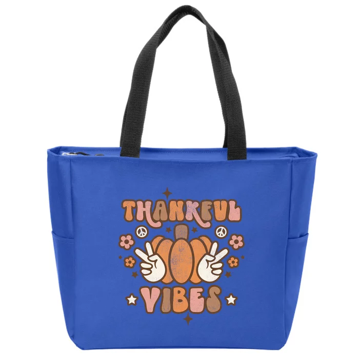 Retro Groovy Thankful Vibes Pumpkin Autumn Fall Thankful Gift Zip Tote Bag