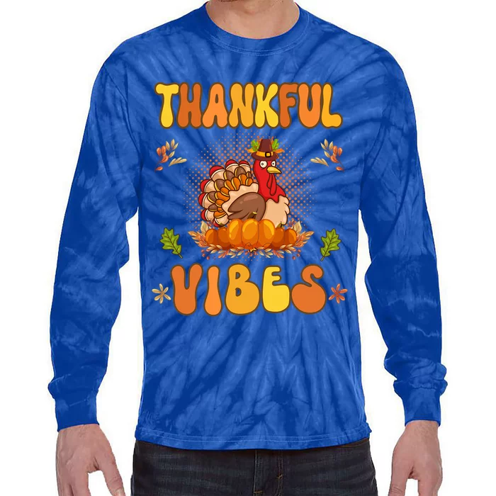 Retro Groovy Thankful Vibes Turkey Fall Thanksgiving Gift Tie-Dye Long Sleeve Shirt