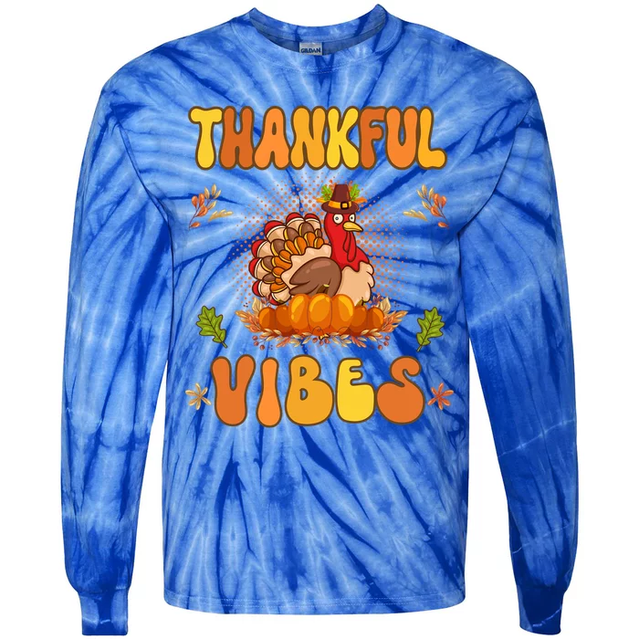 Retro Groovy Thankful Vibes Turkey Fall Thanksgiving Gift Tie-Dye Long Sleeve Shirt