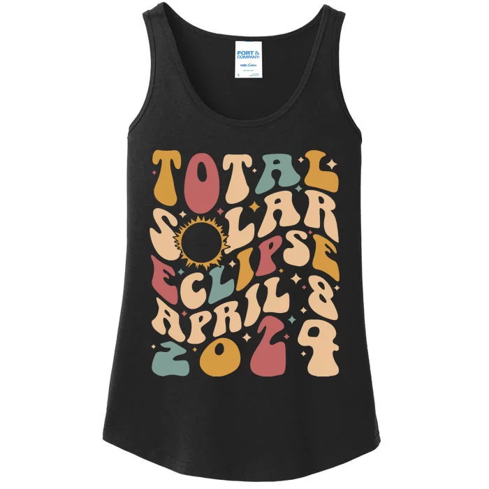 Retro Groovy Total Solar Eclipse April 08 2024 Ladies Essential Tank