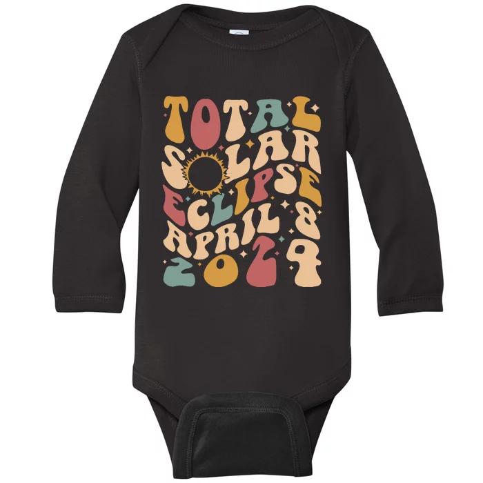 Retro Groovy Total Solar Eclipse April 08 2024 Baby Long Sleeve Bodysuit