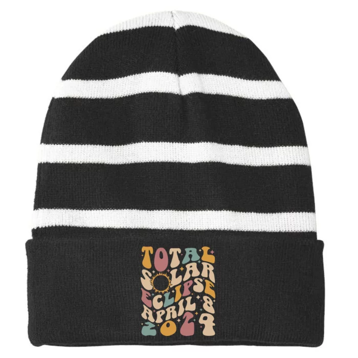 Retro Groovy Total Solar Eclipse April 08 2024 Striped Beanie with Solid Band