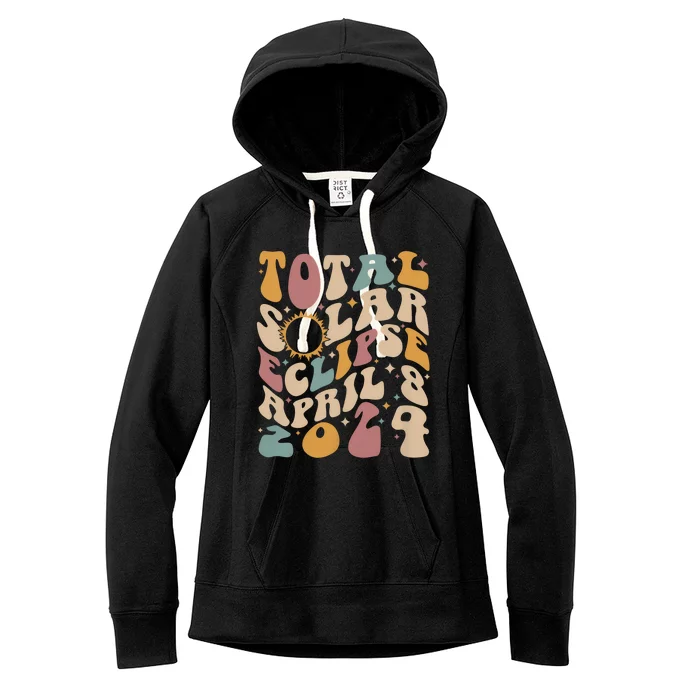 Retro Groovy Total Solar Eclipse April 08 2024 Women's Fleece Hoodie