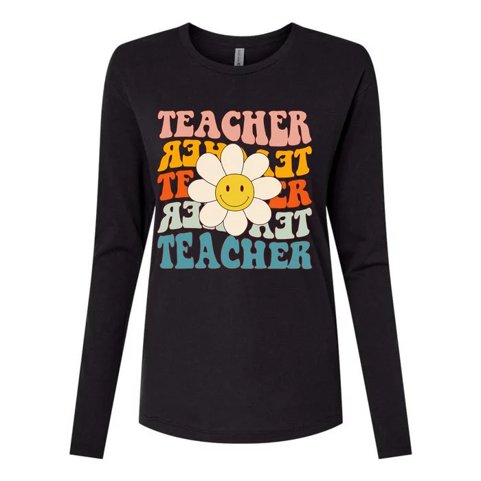 Retro Groovy Teacher Flower Funny Back To School Gifts Womens Cotton Relaxed Long Sleeve T-Shirt