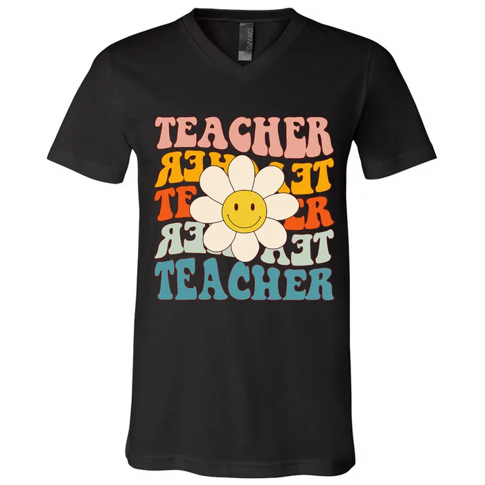 Retro Groovy Teacher Flower Funny Back To School Gifts V-Neck T-Shirt