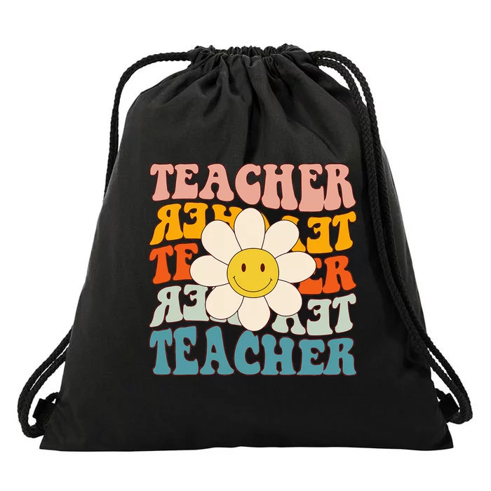 Retro Groovy Teacher Flower Funny Back To School Gifts Drawstring Bag