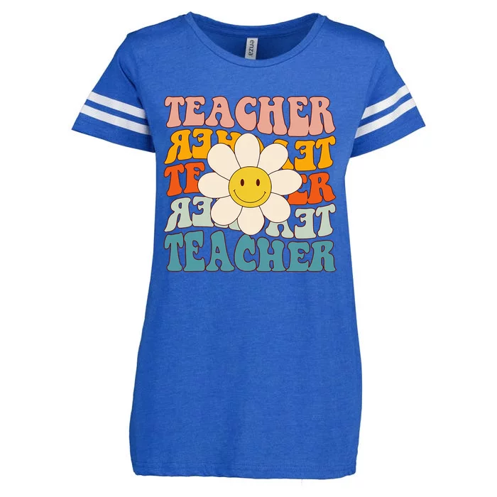 Retro Groovy Teacher Flower Funny Back To School Gifts Enza Ladies Jersey Football T-Shirt