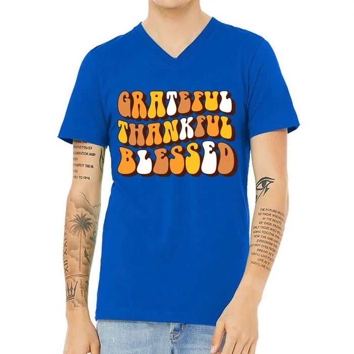 Retro Grateful Thankful Blessed Thanksgiving Gift Meaningful Gift V-Neck T-Shirt