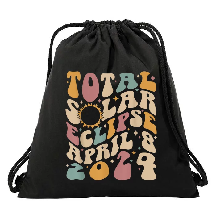 Retro Groovy Total Solar Eclipse April 08 2024 Drawstring Bag