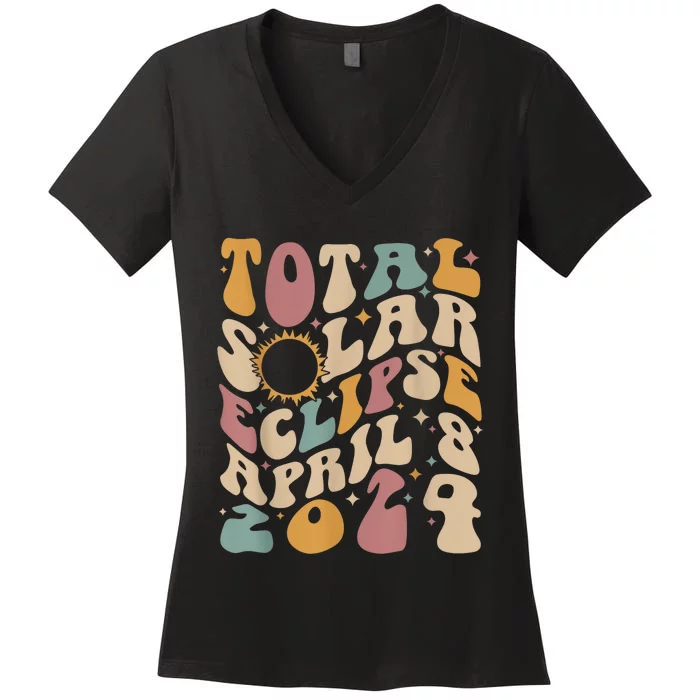 Retro Groovy Total Solar Eclipse April 08 2024 Women's V-Neck T-Shirt