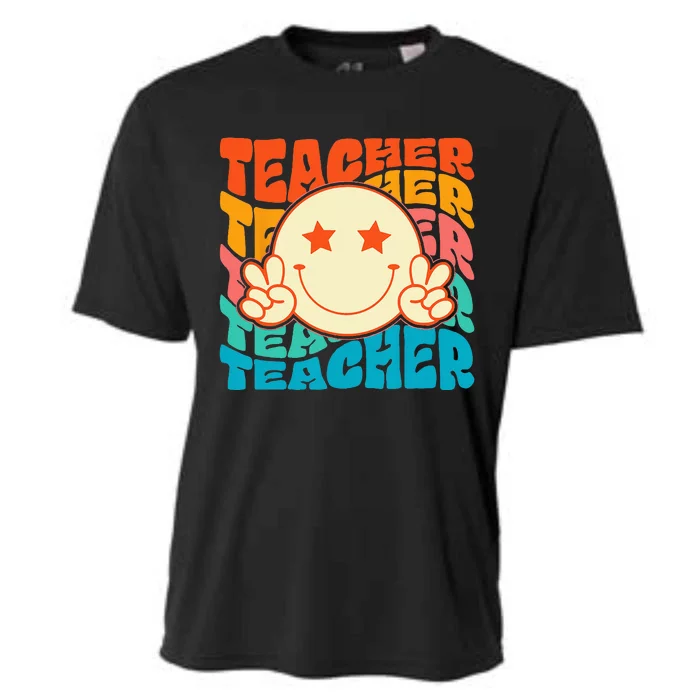 Retro Groovy Teacher Crew Smile Face Elementary School Cooling Performance Crew T-Shirt