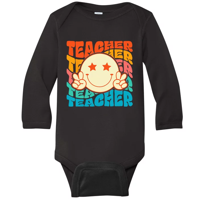 Retro Groovy Teacher Crew Smile Face Elementary School Baby Long Sleeve Bodysuit