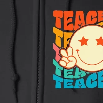 Retro Groovy Teacher Crew Smile Face Elementary School Full Zip Hoodie