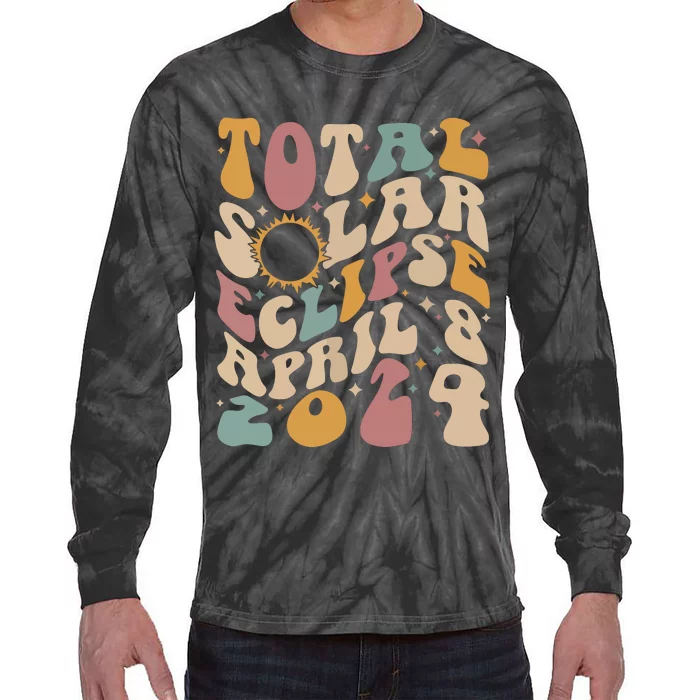 Retro Groovy Total Solar Eclipse April 08 2024 Tie-Dye Long Sleeve Shirt