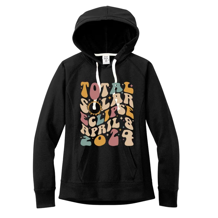 Retro Groovy Total Solar Eclipse April 08 2024 Women's Fleece Hoodie