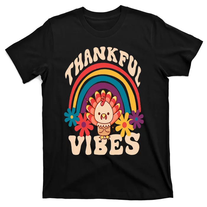 Retro Groovy Thankful Vibes Turkey Fall Funny Thanksgiving T-Shirt