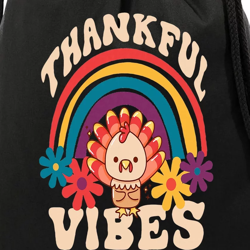 Retro Groovy Thankful Vibes Turkey Fall Funny Thanksgiving Drawstring Bag