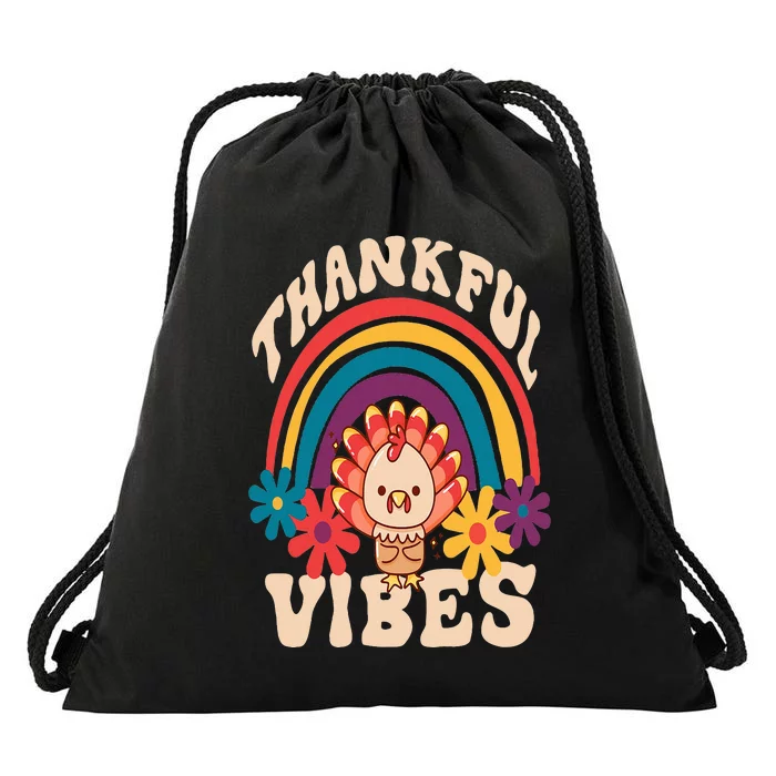 Retro Groovy Thankful Vibes Turkey Fall Funny Thanksgiving Drawstring Bag