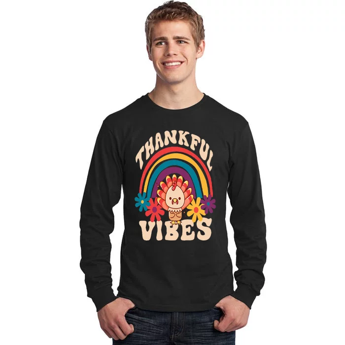 Retro Groovy Thankful Vibes Turkey Fall Funny Thanksgiving Tall Long Sleeve T-Shirt