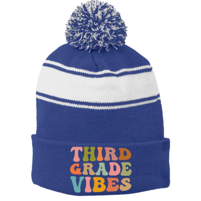 Retro Groovy Third Grade Vibes 3Rd Grade First Day Of School Gift Stripe Pom Pom Beanie