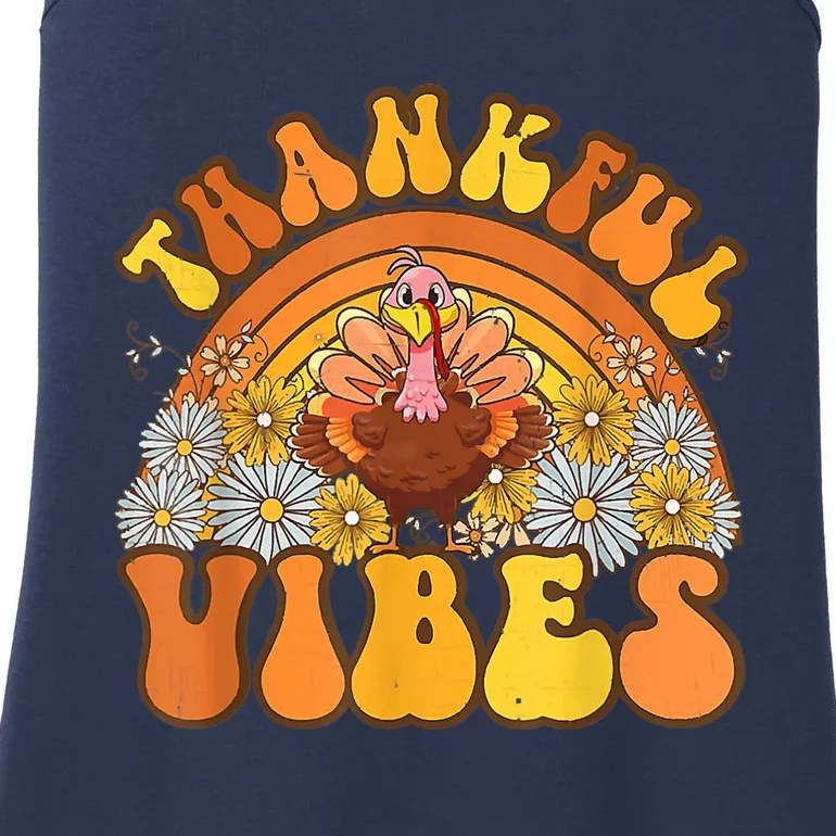 Retro Groovy Thankful Vibes Turkey Fall Thanksgiving Ladies Essential Tank