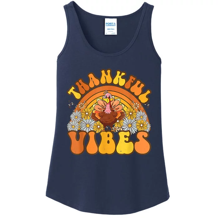 Retro Groovy Thankful Vibes Turkey Fall Thanksgiving Ladies Essential Tank