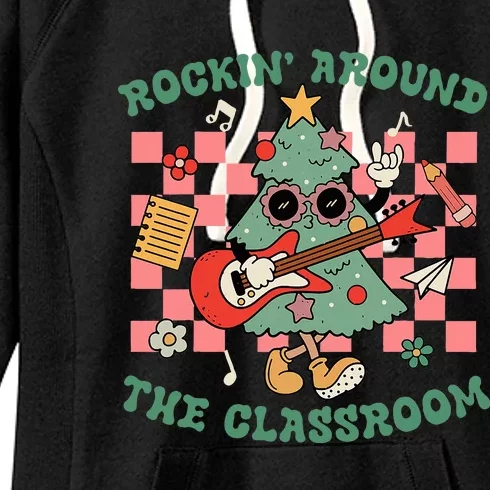 Retro Groovy Teacher Christmas Rockin' Around The Classroom Women's Fleece Hoodie