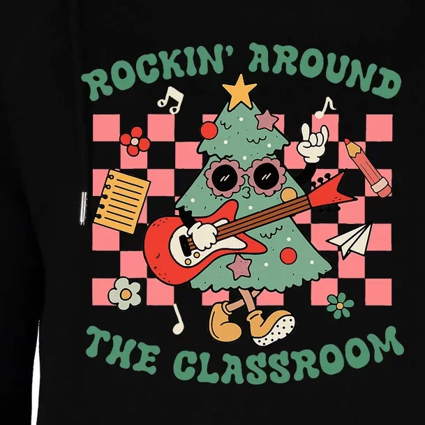 Retro Groovy Teacher Christmas Rockin' Around The Classroom Womens Funnel Neck Pullover Hood