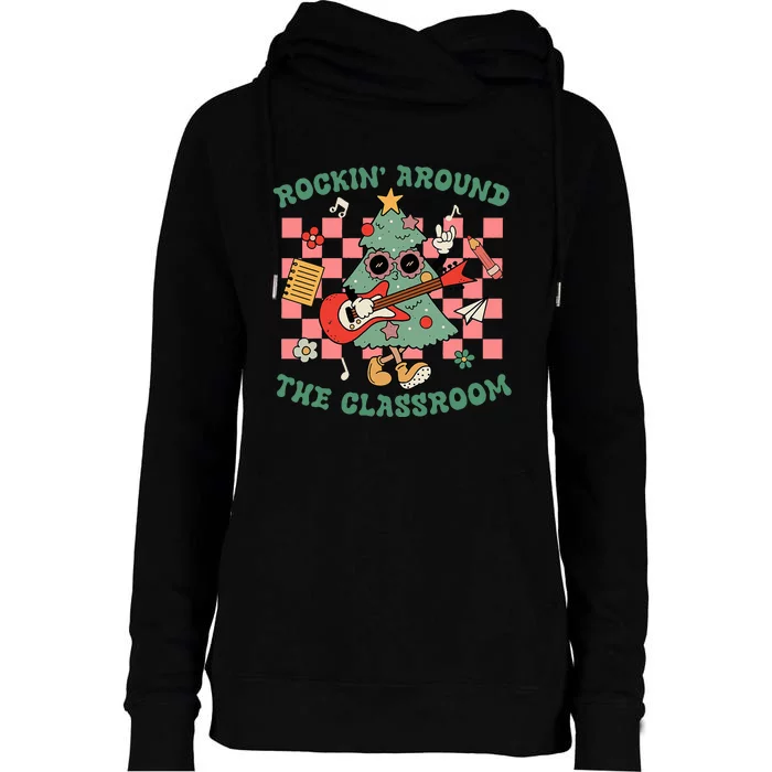 Retro Groovy Teacher Christmas Rockin' Around The Classroom Womens Funnel Neck Pullover Hood