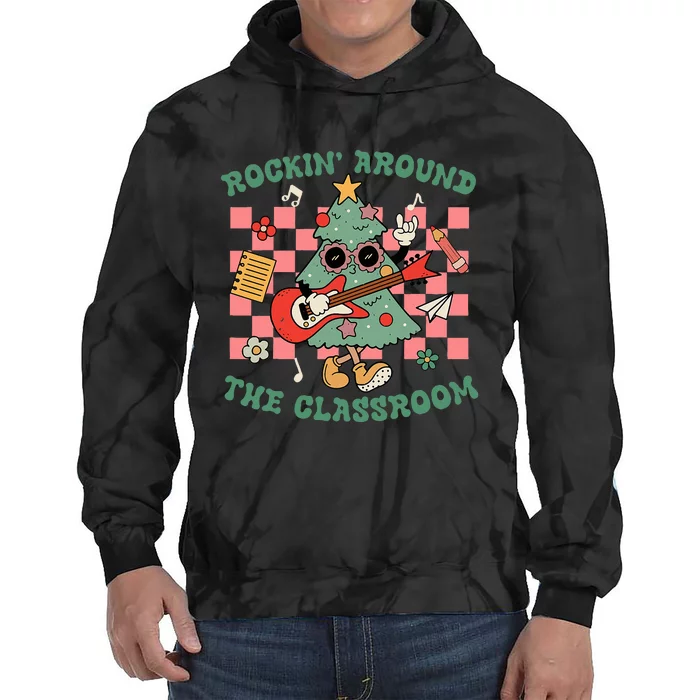 Retro Groovy Teacher Christmas Rockin' Around The Classroom Tie Dye Hoodie