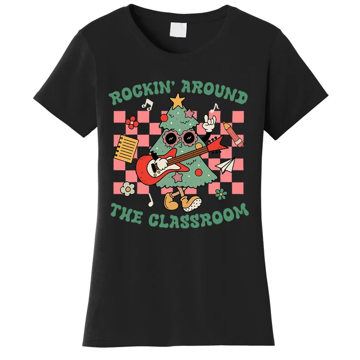 Retro Groovy Teacher Christmas Rockin' Around The Classroom Women's T-Shirt