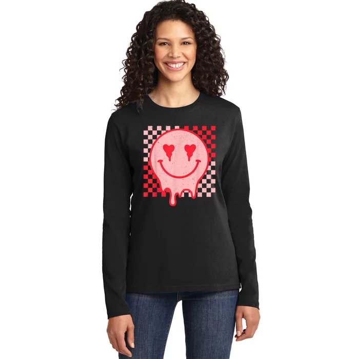 Retro Groovy Valentines Day Hippie Heart Funny Matching Ladies Long Sleeve Shirt