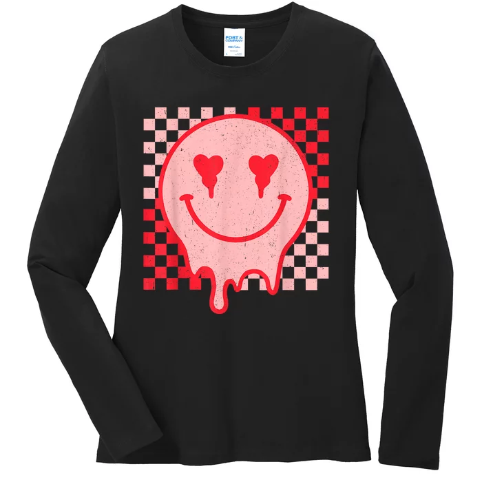 Retro Groovy Valentines Day Hippie Heart Funny Matching Ladies Long Sleeve Shirt