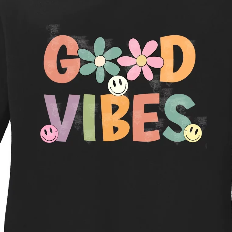 Retro Good Vibes Groovy Smiley Face Ladies Long Sleeve Shirt