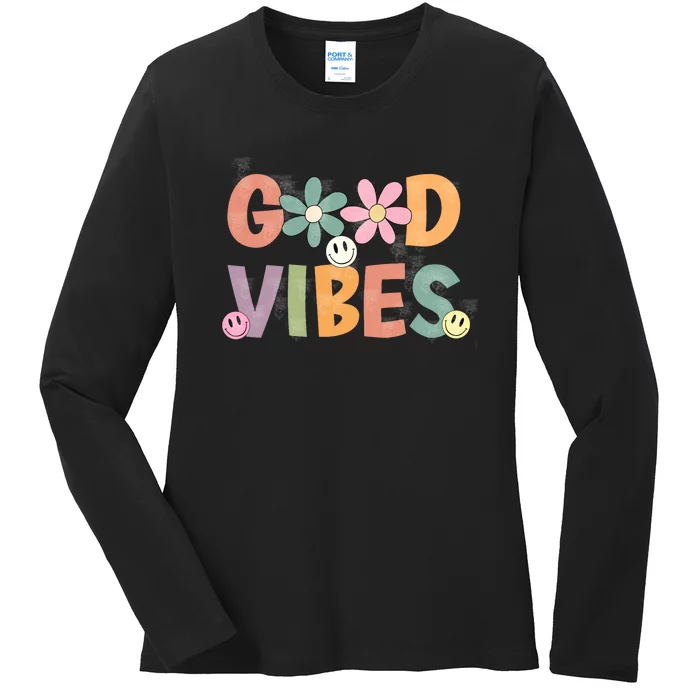 Retro Good Vibes Groovy Smiley Face Ladies Long Sleeve Shirt