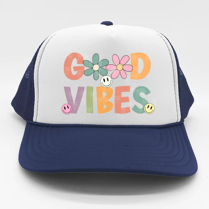 Retro Good Vibes Groovy Smiley Face Trucker Hat