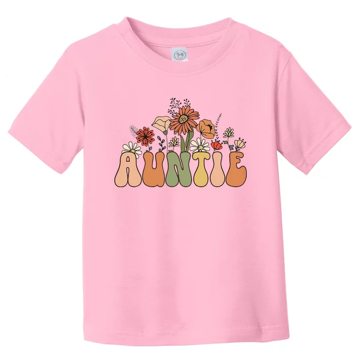 Retro Groovy Wildflowers Auntie Aunt Pregnancy Announcement Toddler T-Shirt