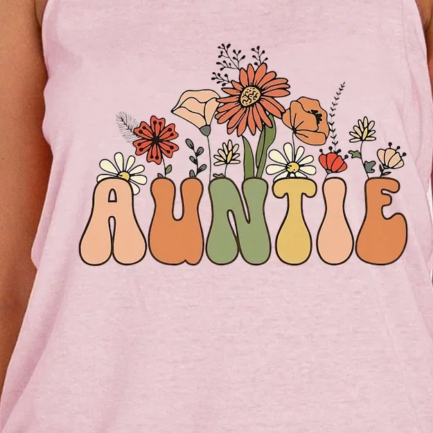 Retro Groovy Wildflowers Auntie Aunt Pregnancy Announcement Women's Knotted Racerback Tank